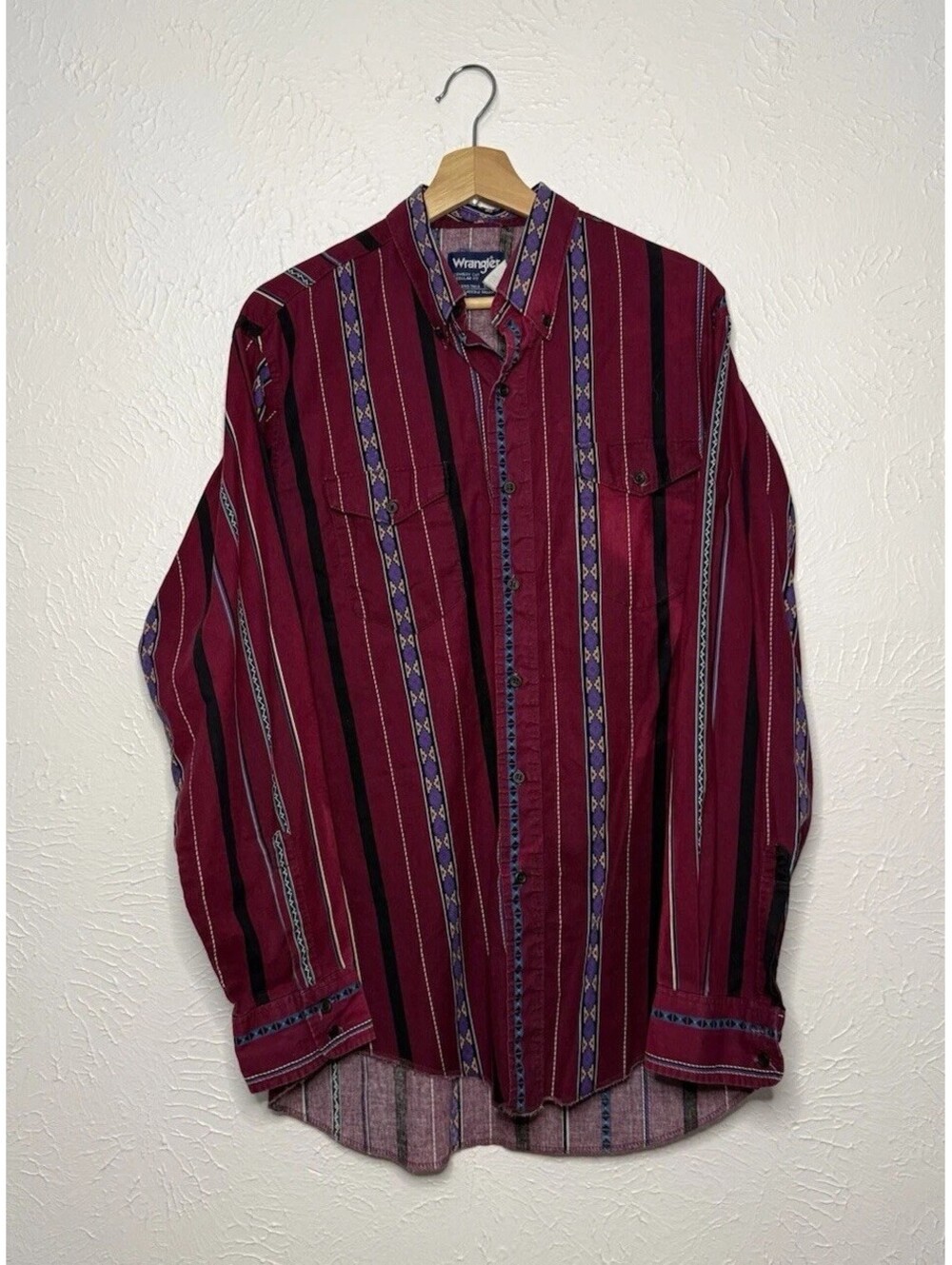 Vintage Wrangler Western Long Sleeve Aztec Print Button Up Shirt Size Large